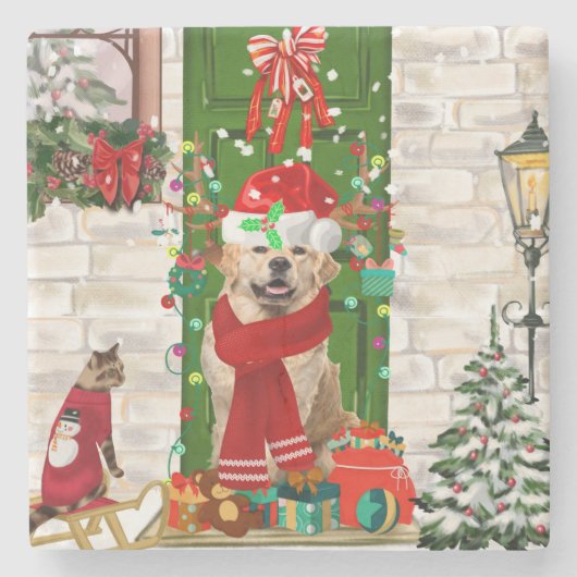 ゴールデンレトリバードッグクリスマス ストーンコースター (正面)