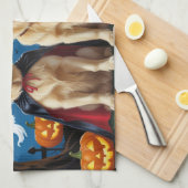 ゴールデンレトリバードッグスパンプキンハロウィンおもしろい キッチンタオル (四つ折り)