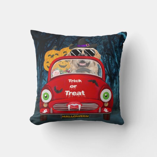 ゴールデンレトリバードッグドライビングカーホラーハロウィーン クッション (正面)