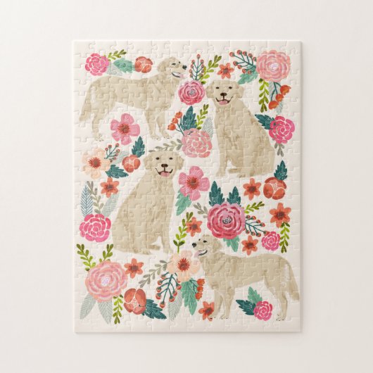 ゴールデンレトリバードッグヴィンテージ花模様 ジグソーパズル (縦)