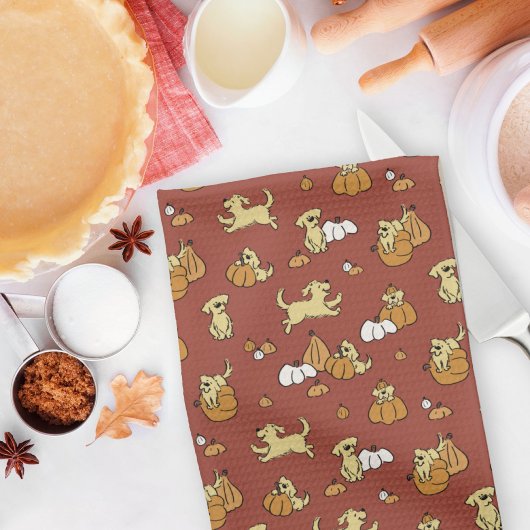 ゴールデンレトリバーパピズパンプキンズパターン秋 キッチンタオル