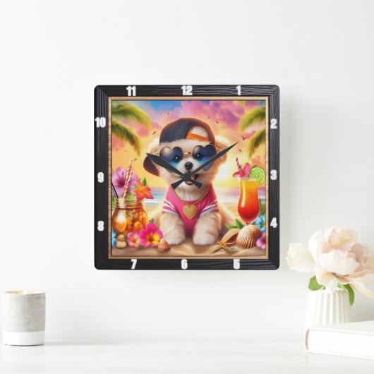 ゴールデンレトリバーパピービーチ時間 スクエア壁時計 (ホーム)