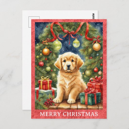 ゴールデンレトリバーメリークリスマスかわいい子犬 ポストカード (正面/裏面)
