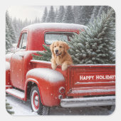 ゴールデンレトリバー付きクリスマスレッドトラック スクエアシール (正面)