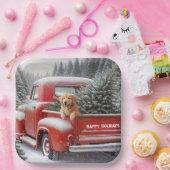 ゴールデンレトリバー付きクリスマスレッドトラック ペーパープレート (パーティー)