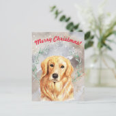 ゴールデンレトリバー付き雪の多いクリスマスイラストレーション ポストカード (スタンド正面)