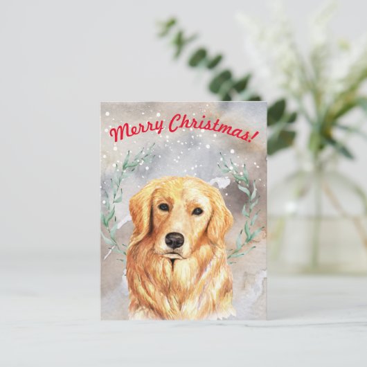 ゴールデンレトリバー付き雪の多いクリスマスイラストレーション ポストカード (スタンド正面)