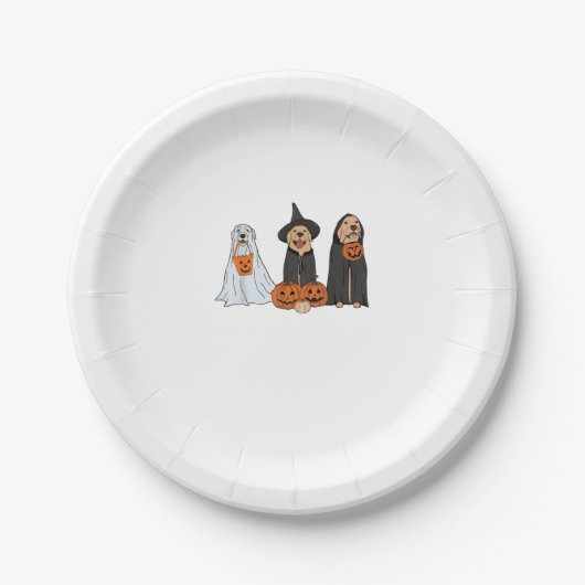 ゴールデンレトリバー幽霊ハロウィーントリックまたはトリートド ペーパープレート (正面)