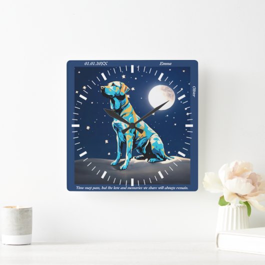 ゴールデンレトリバー月に照らされた壁時計：タイムレスパイ スクエア壁時計 (ホーム)