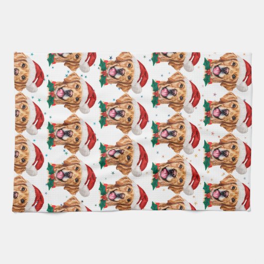 ゴールデンレトリバー犬がクリスマスを育てる キッチンタオル (横)