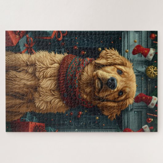 ゴールデンレトリバー犬とクリスマスプレゼント暖炉 ジグソーパズル (横)