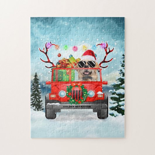 ゴールデンレトリバー犬とクリスマスプレゼント ジグソーパズル (縦)