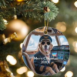 ゴールデンレトリバー犬のパイロット 楽しいクリスマス セラミックオーナメント