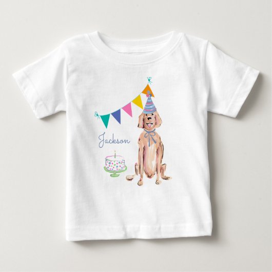 ゴールデンレトリバー犬の最初の誕生日ケーキ名 ベビーTシャツ (正面)