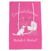 ゴールデンレトリバー犬の赤ちゃんシャワーピンクガール ミディアムペーパーバッグ (裏面)