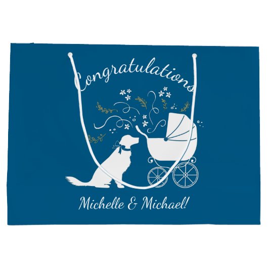 ゴールデンレトリバー犬の赤ちゃんシャワーブルーボーイ ラージペーパーバッグ (裏面)