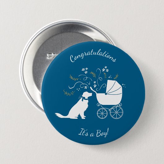 ゴールデンレトリバー犬の赤ちゃんシャワーブルーボーイ 缶バッジ (正面&裏面)