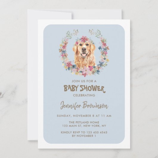 ゴールデンレトリバー犬の赤ちゃんシャワー 招待状 (正面)