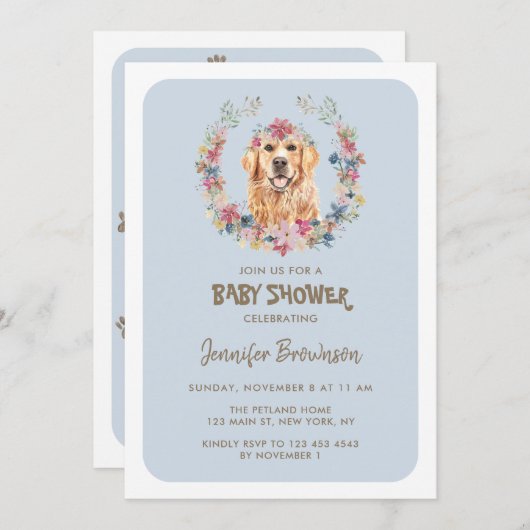 ゴールデンレトリバー犬の赤ちゃんシャワー 招待状 (正面/裏面)
