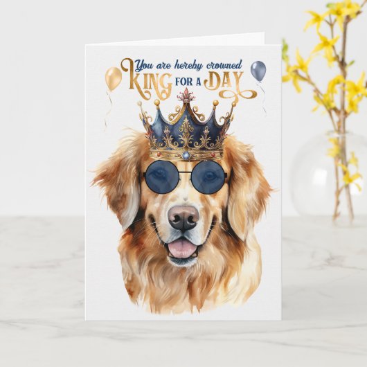 ゴールデンレトリバー犬キングのためのデイおもしろい誕生日 カード (黄色い花)