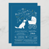 ゴールデンレトリバー犬ベビーシャワーブルー 招待状 (正面/裏面)
