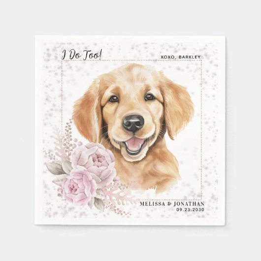 ゴールデンレトリバー私はあまりにもピンクのフローラ犬結婚の スタンダードカクテルナプキン (正面)