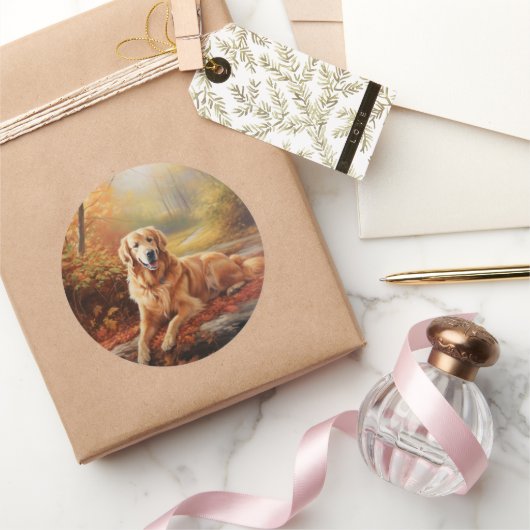 ゴールデンレトリバー紅葉秋インスパイア ラウンドシール (ギフト)