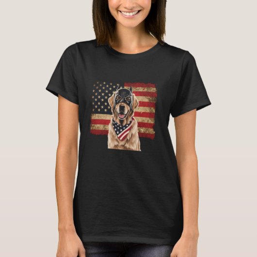 ゴールデンレトリバー アメリカ国旗 サングラス 愛国 Tシャツ (正面)