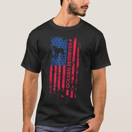 ゴールデンレトリバー アメリカ国旗 7月4日 Tシャツ (正面)