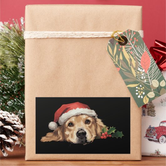 ゴールデンレトリバー クリスマス サンタ帽子 犬 Xmas 長方形シール (クリスマス)