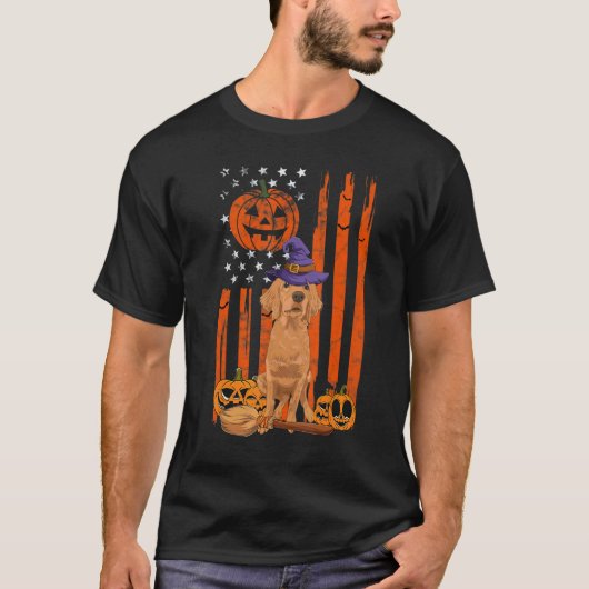 ゴールデンレトリバー ハロウィン アメリカ国旗 魔女の帽子 犬 Tシャツ (正面)