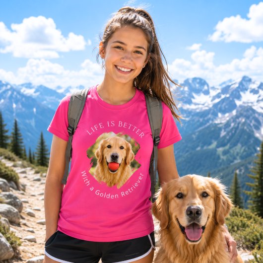 ゴールデンレトリバー 写真付きデザイン 女の子 ピンク Tシャツ