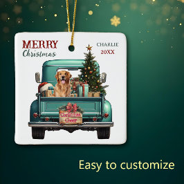 ゴールデンレトリバー 犬 レトロ トラック クリスマス セラミックオーナメント