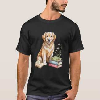 ゴールデンレトリバー GR 犬 本の虫 花 読書 Tシャツ