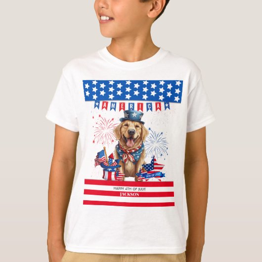 ゴールデンレトリバーHappy 4th Of 7月の米国独立 Tシャツ (正面)