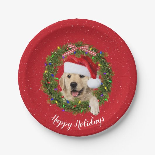 ゴールデンレトリバーinクリスマスリース ペーパープレート (正面)