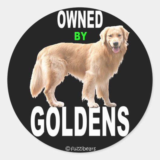 ゴールデンレトリバー'Owned By Goldens'ブラックステッカー ラウンドシール (正面)