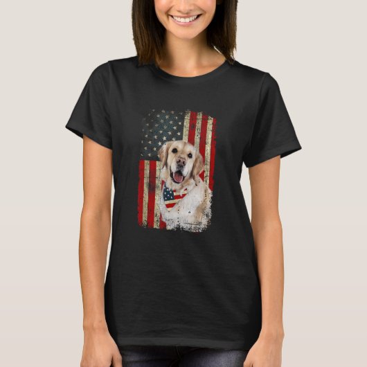 ゴールデンレトリバーUSA国旗7月4日 Tシャツ (正面)