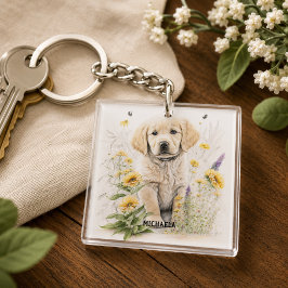ゴールデンレトリーバーの仔犬と花のイラスト オーダーメイド キーホルダー