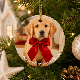 ゴールデンレトリーバーの初めてのクリスマス写真 セラミックオーナメント