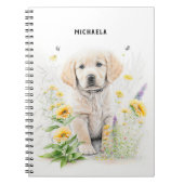 ゴールデンレトリーバーの子犬の花のモノグラム名 ノートブック (正面)