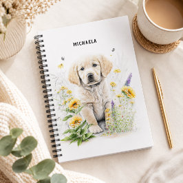 ゴールデンレトリーバーの子犬の花のモノグラム名 ノートブック