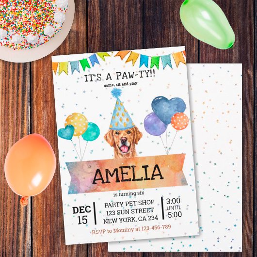 ゴールデンレトリーバーの子犬の誕生日おめでとう 招待状