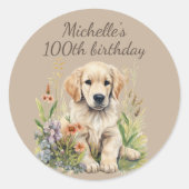 ゴールデンレトリーバーの子犬の100歳の誕生日 ラウンドシール (正面)