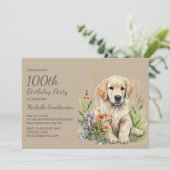 ゴールデンレトリーバーの子犬の100歳の誕生日 招待状 (スタンド正面)