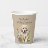 ゴールデンレトリーバーの子犬の100歳の誕生日 紙コップ (裏面)