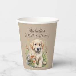 ゴールデンレトリーバーの子犬の100歳の誕生日 紙コップ