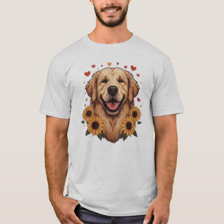 ゴールデンレトリーバーの肖像 フローラルハートの犬の服 Tシャツ