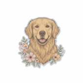 ゴールデンレトリーバーの花柄のヴィンテージ風彫刻デザイン1 シール (正面)