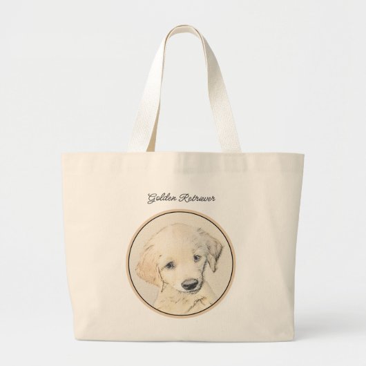 ゴールデンレトリーバーパピー絵を描ズオリジナルドッグアート ラージトートバッグ (正面)